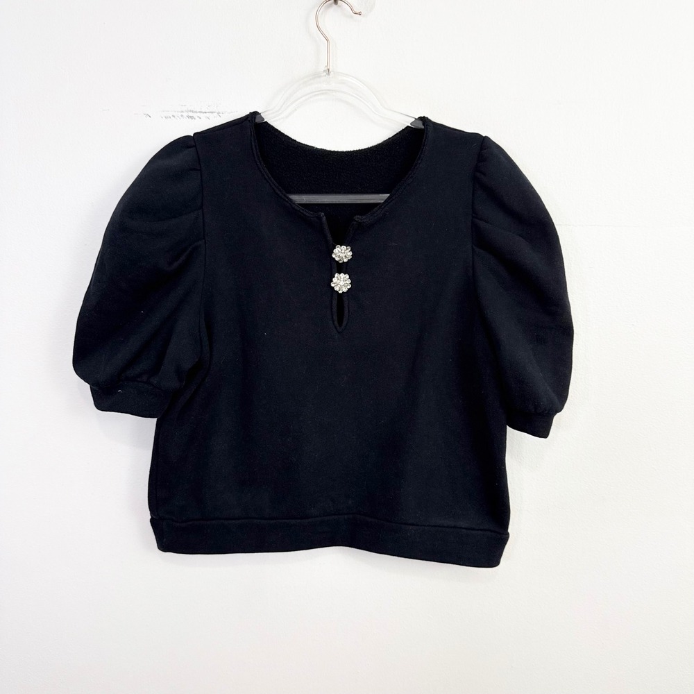ba&sh Black Puff Sleeve Rhinestone Sweatshirt Top Size L